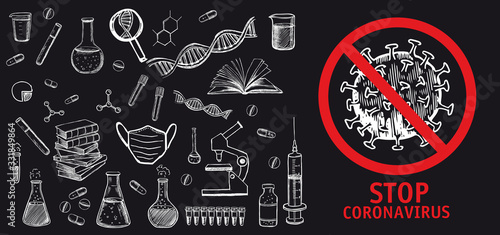 Coronavirus, dna, blood test. Laboratory research vector hand drawn icons set. 
