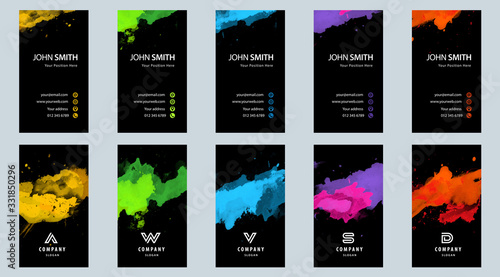 Bundle set of bright colorful business card template with vector watercolor paint splash on black background