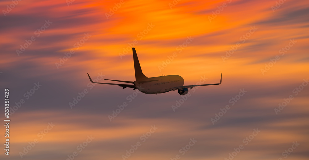 Fototapeta Airplane in the sky at sunset