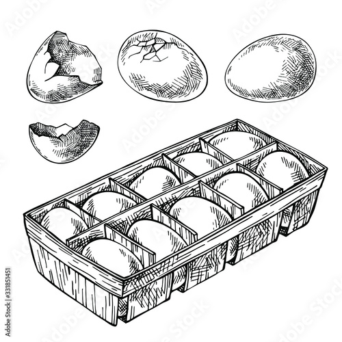 Sketch Set of eggs, egg tray, broken egg. Box of Eggs. Hand drawn fried, scrambled egg. Engraved food illustration. 