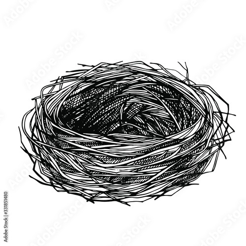 Sketch hand drawn bird's nest. Empty nest made of branches and grass photo