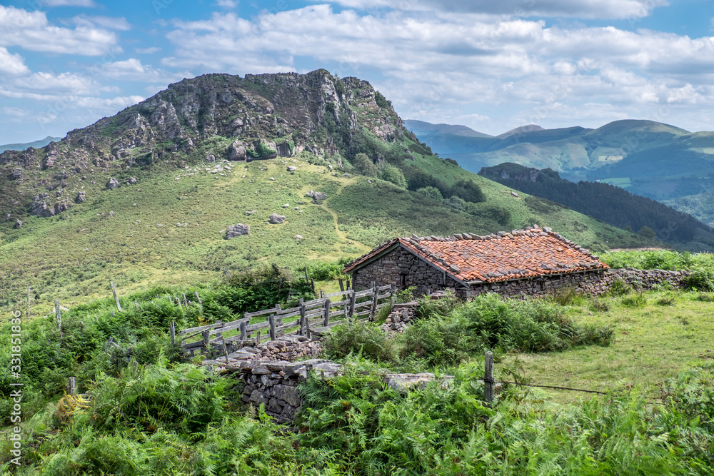 Paisaje del Valle de Baztan con casa en medio del campo en Navarra (España)