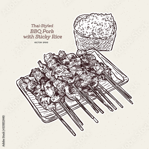 Grilled pork and sticky rice of thai street fast food style, hand draw sketch vector.