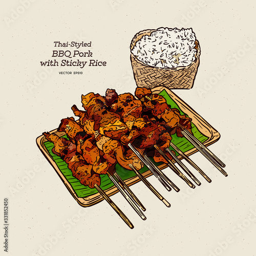 Grilled pork and sticky rice of thai street fast food style, hand draw sketch vector.