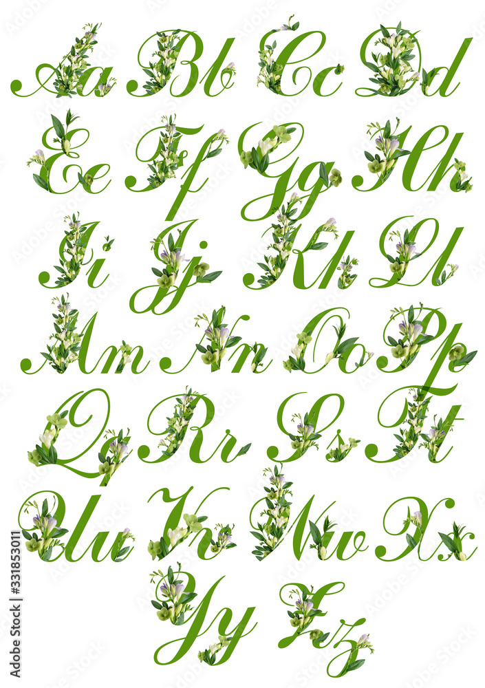 English alphabet letters with beautiful flowers on white background English alphabet letters with beautiful flowers on white background