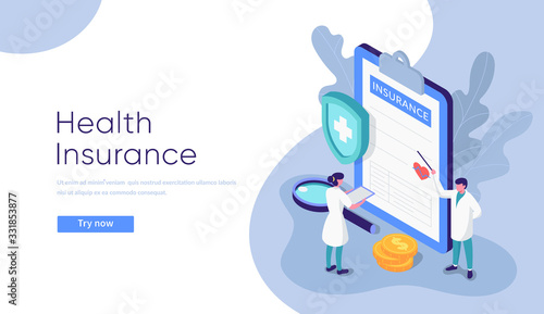 "Health insurance" concept background. Flat isometric illustration with characters. Eps10 vector.