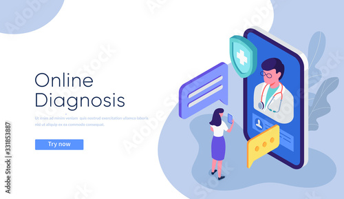 "Online Diagnosis" concept background. Flat isometric illustration with characters. Eps10 vector.