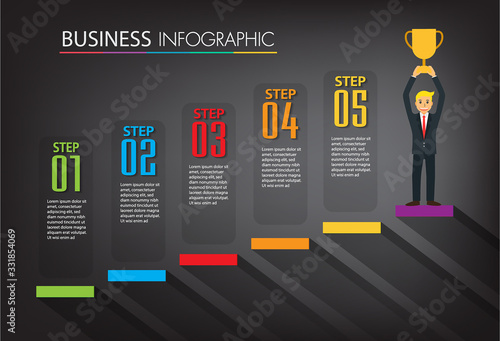Ladder to success. Step by step infographics illustration. businessman walking up stairs chart. vector.