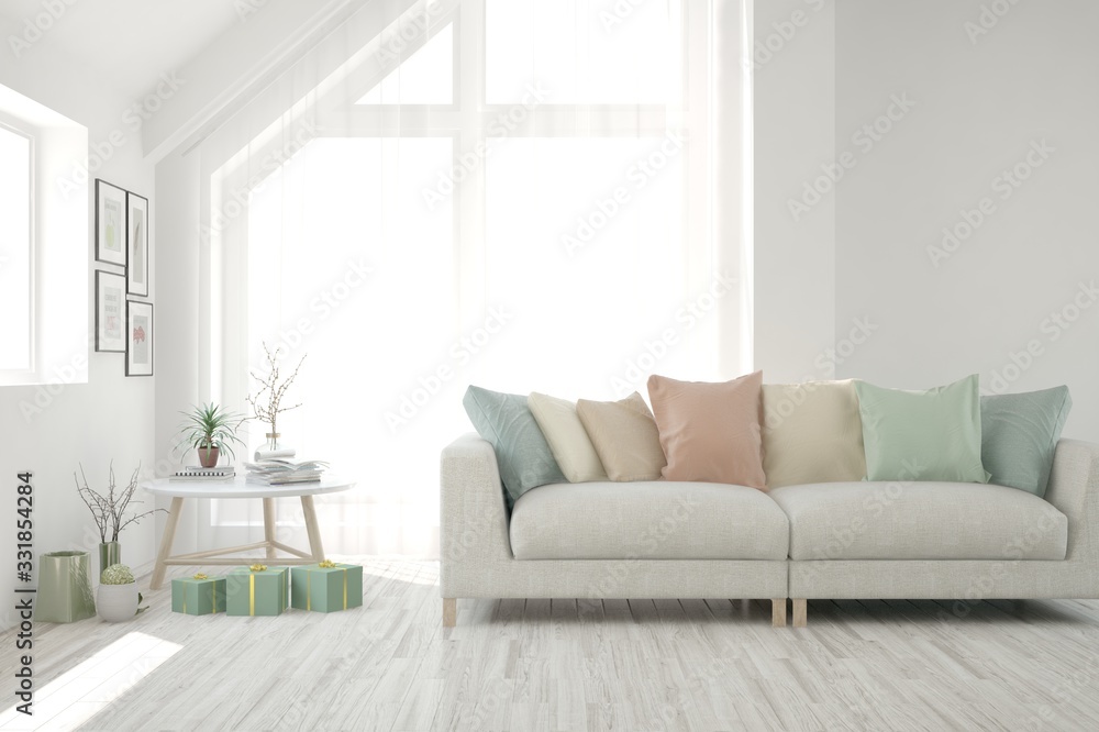 Fototapeta premium White living room with sofa. Scandinavian interior design. 3D illustration