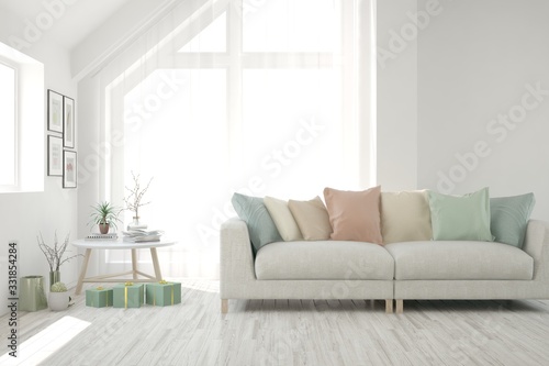 White living room with sofa. Scandinavian interior design. 3D illustration