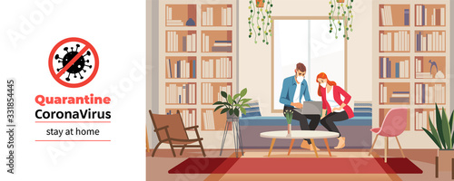 Coronavirus. Stay at home. Young business people working from home wearing protective mask. Business family in quarantine for coronavirus wearing protective mask. Working from home with sanitizer gel
