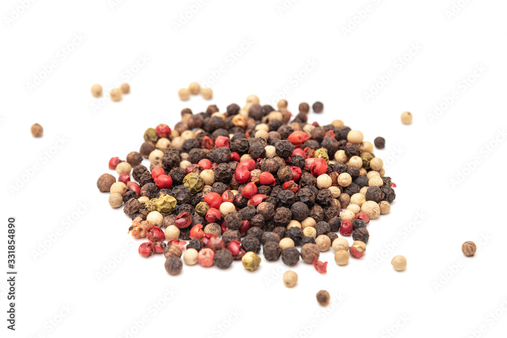Pile of pepper mix, black, pink, green, white on white background Pile of pepper mix, black, pink, green, white on white background