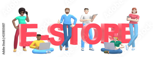 Group of young multiethnic successful people with laptop, tablet, phone and word e store, shop on white background. Horizontal banner cartoon character and text website slogan. 3D rendering.