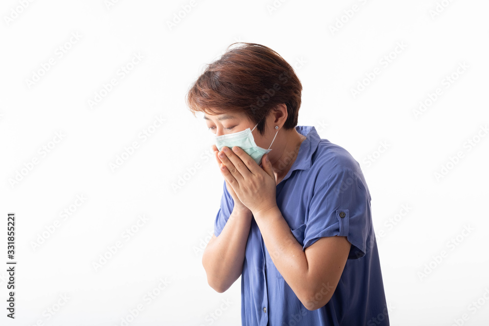 concept of coronavirus 2019 Asian women have nasal discharge, coughing, sneezing, and fever.There is a mask covering the mouth and nose to prevent the epidemic. On a white background concept of coronavirus 2019 Asian women have nasal discharge, coughing, sneezing, and fever.There is a mask covering the mouth and nose to prevent the epidemic. On a white background