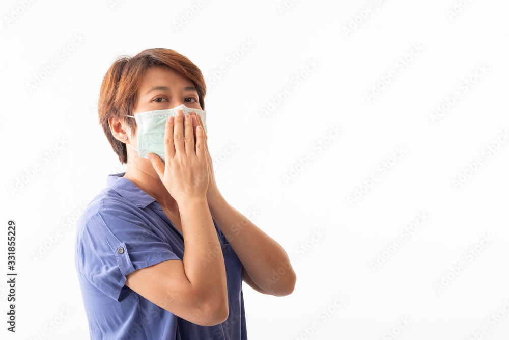 concept of coronavirus 2019 Asian women have nasal discharge, coughing, sneezing, and fever.There is a mask covering the mouth and nose to prevent the epidemic. On a white background concept of coronavirus 2019 Asian women have nasal discharge, coughing, sneezing, and fever.There is a mask covering the mouth and nose to prevent the epidemic. On a white background