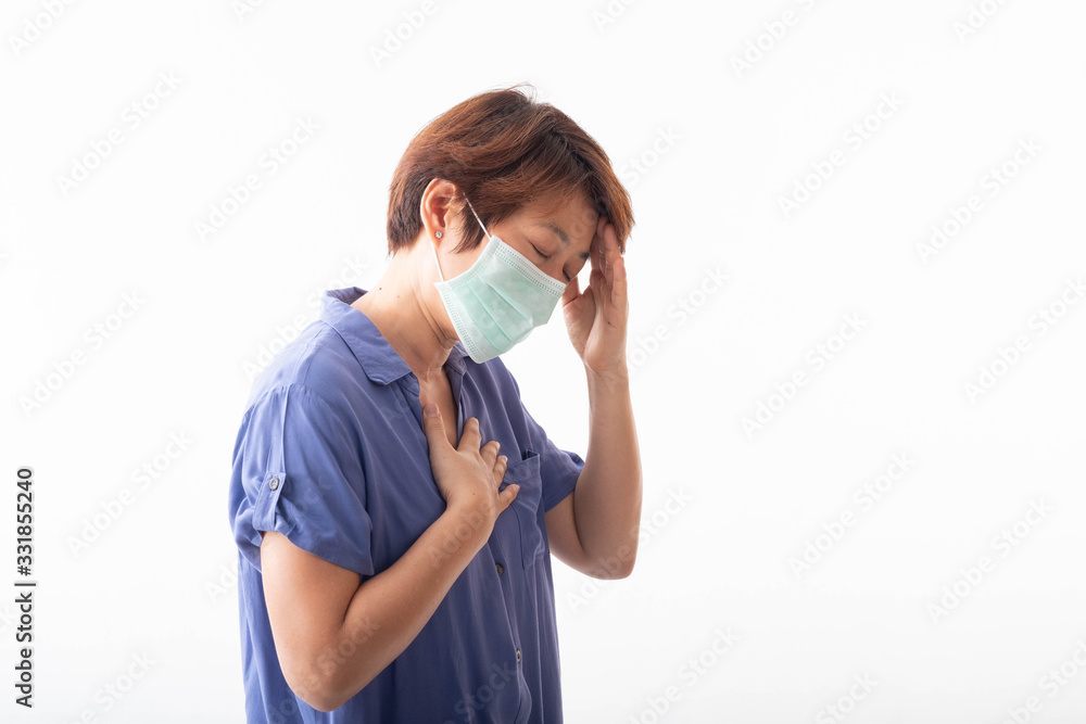 concept of coronavirus 2019 Asian women have nasal discharge, coughing, sneezing, and fever.There is a mask covering the mouth and nose to prevent the epidemic. On a white background concept of coronavirus 2019 Asian women have nasal discharge, coughing, sneezing, and fever.There is a mask covering the mouth and nose to prevent the epidemic. On a white background