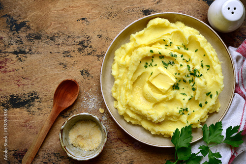Photography Mashed potato with parmesan cheese. Top view with copy space.