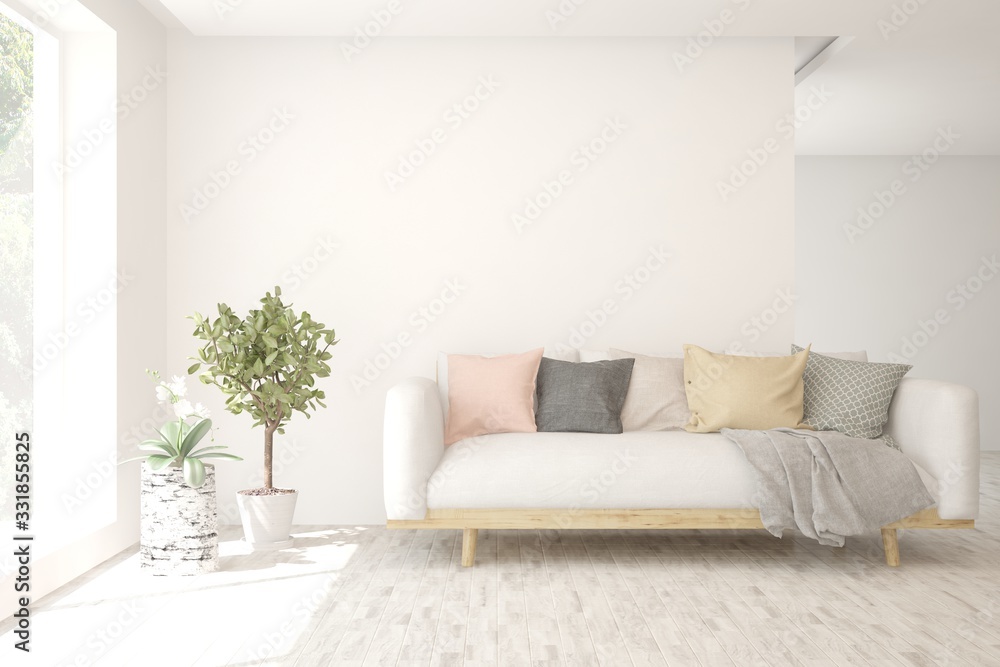 Fototapeta premium White living room with sofa. Scandinavian interior design. 3D illustration