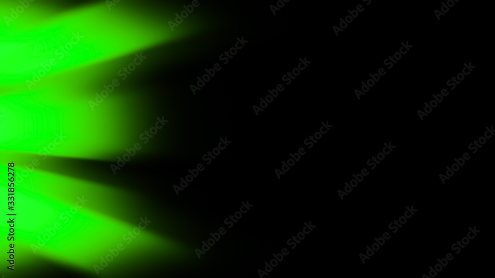 Sun green rays light isolated on black background for copy space. Blur spotlight texture overlays. Stock illustration. Design element.