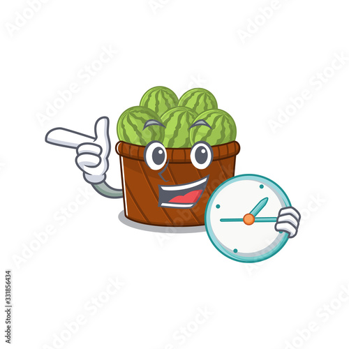 Cheerful watermelon fruit basket cartoon character style with clock photo