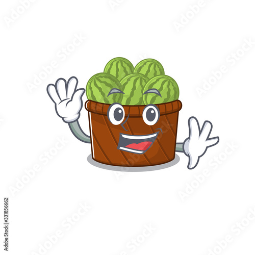 Smiley watermelon fruit basket cartoon mascot design with waving hand