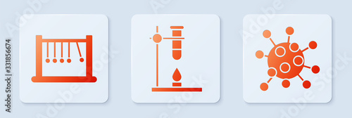 Set Glass test tube flask on fire heater, Pendulum and Bacteria. White square button. Vector