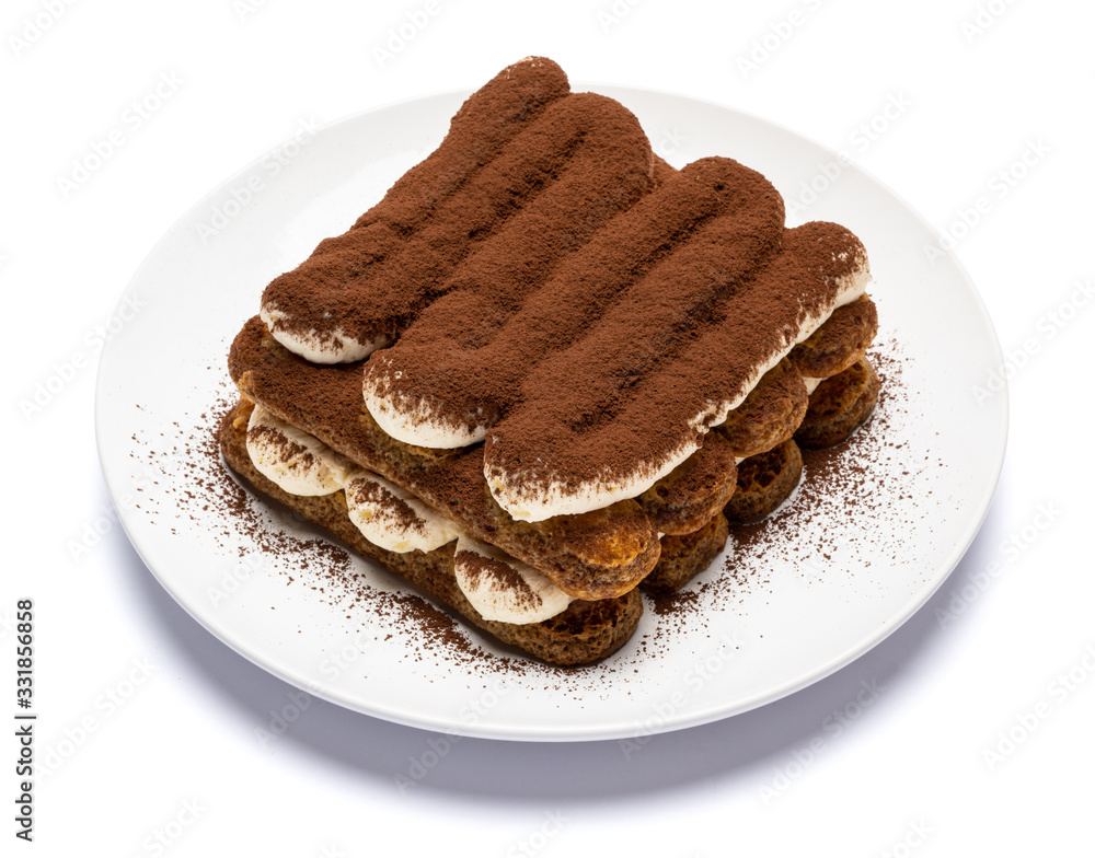 Classic tiramisu dessert on ceramic plate isolated on white background with clipping path Classic tiramisu dessert on ceramic plate isolated on white background with clipping path