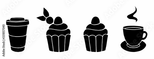 Simple bakery shop logo with sweet cupcake, muffin, coffee, and tea. Vector cupcake icon, logotype for bakery, donut or pastry shop, confectionery, bakery house, cakes house, bakeshop. Flat design