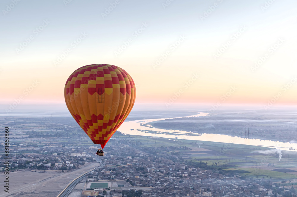 High angle landscape with beautiful balloons in the morning