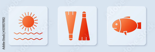 Set Rubber flippers for swimming, Sun and waves and Fish. White square button. Vector