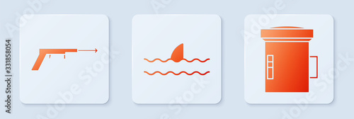 Set Shark fin in ocean wave, Fishing harpoon and Big flashlight for diver. White square button. Vector