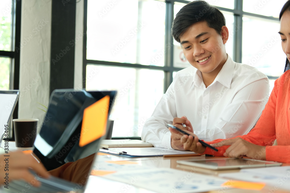 business people discussing on performance revenue in meeting. businessman working with businesswoman. business people discussing on performance revenue in meeting. businessman working with businesswoman.