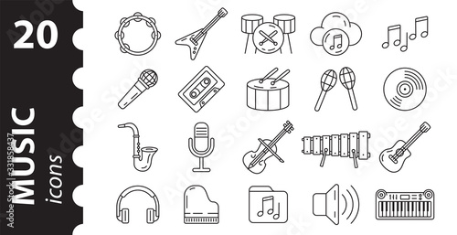 Icons for musical instruments. Linear style. Flat design.