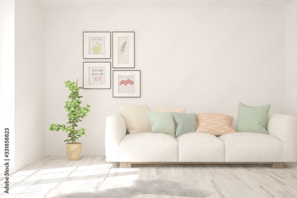 Fototapeta premium White living room with sofa. Scandinavian interior design. 3D illustration