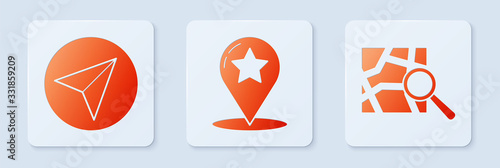 Set Map pointer with star, Paper airplane and Folded map with location marker. White square button. Vector