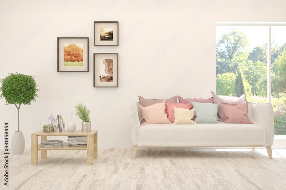 Fototapeta premium White living room with sofa and summer landscape in window. Scandinavian interior design. 3D illustration