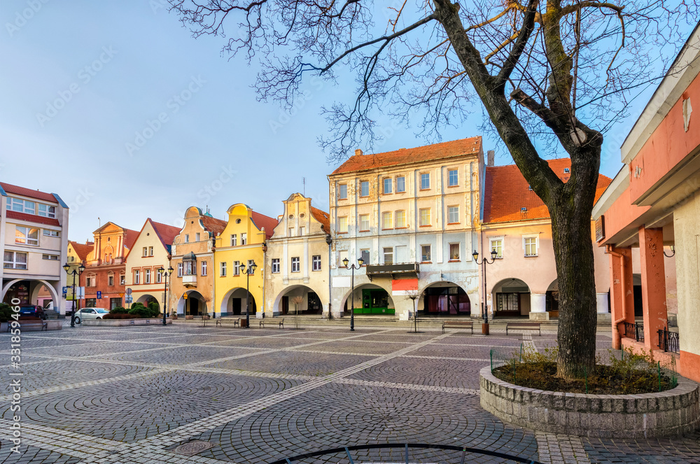 Naklejka premium Jawor, Poland. Old colorful historic traditional houses on Rynek (Market) square