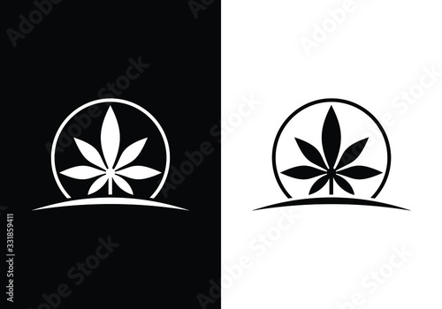 Minimalist cannabis leaf logo design in circle on black and white background