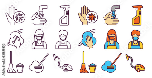 Coronavirus cleaning services icon set, virus home cleaning services design element for for cleaning company. 