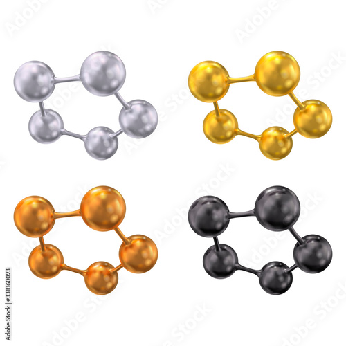 Pentagonal molecular lattice of gold, silver, copper, black colors. Vector 3d illustration isolated on white background.