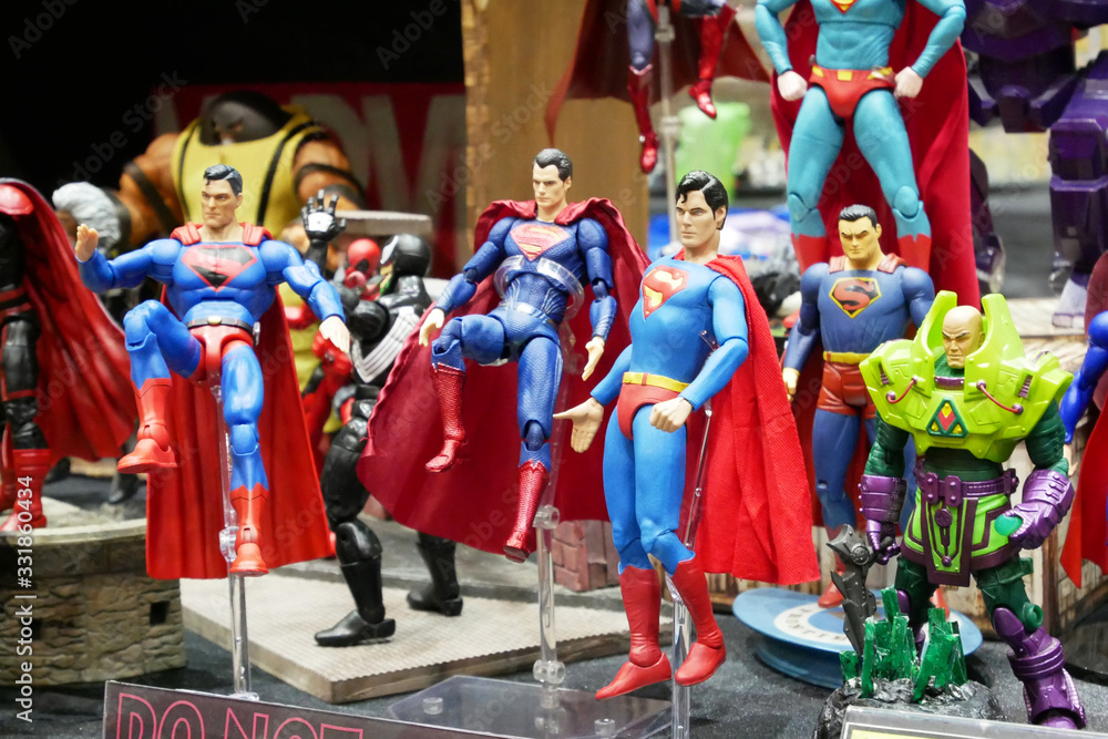 KUALA LUMPUR, MALAYSIA -MARCH 15, 2020: Selected focused fictional  character of Superman action figures from DC movies and comic. The action  figure toys in various costumes display for the public. Stock-Foto