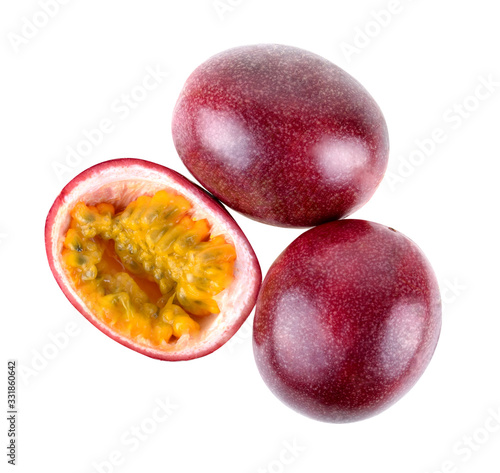 Top View Purple passion fruit with cut in half isolated on white background.