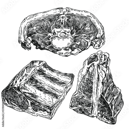Hand drawn sketch meat set. Lamb meat slice, beef meat, lamb leg, ribs. Butcher shop product. detailed ink food illustration. Steak meat hand drawing on white background. 