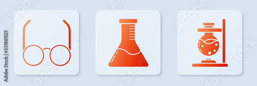 Set Test tube and flask chemical laboratory, Glasses and Glass test tube flask on fire. White square button. Vector