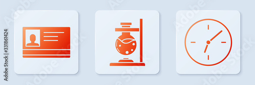 Set Glass test tube flask on fire, Identification badge and Clock. White square button. Vector