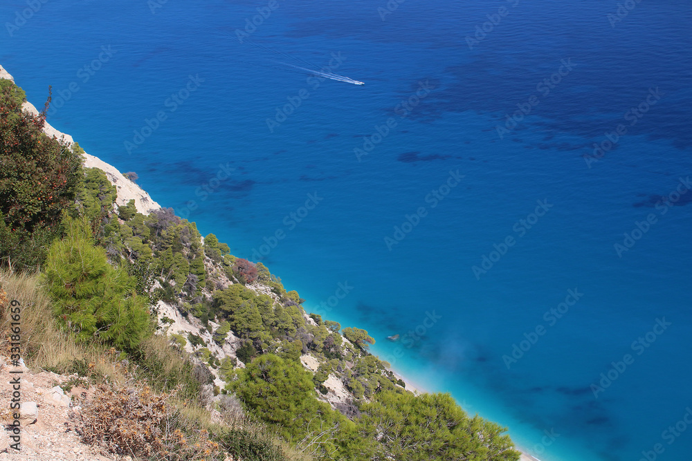 Top view at cliff coastline with turquoise water (Lefkada, Greece)