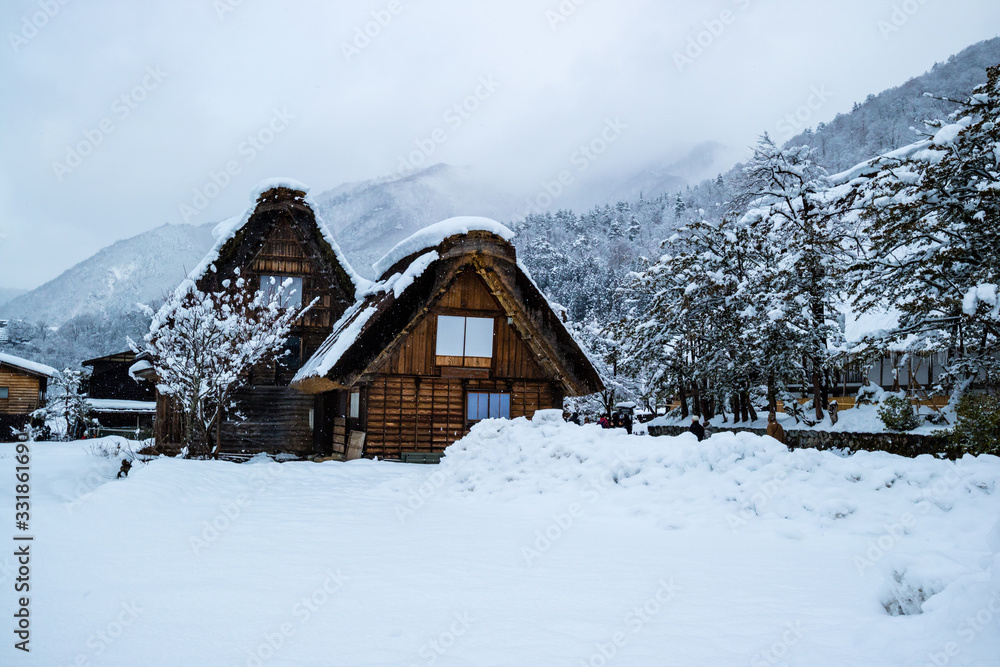 Shirakawa-go and Gokayama in Japan. Traditional style huts in Gassho-zukuri Village, World Heritage Site in Takayama in Winter