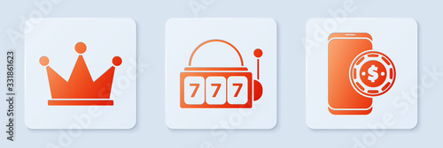 Set Slot machine with lucky sevens jackpot, Crown and Online poker table game. White square button. Vector