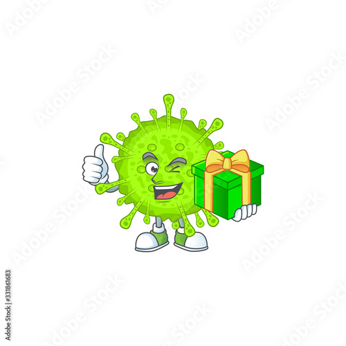 Cheerful orthocoronavirinae cartoon character holding a gift box