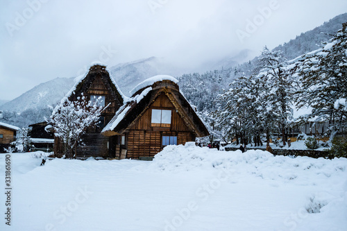 Shirakawa-go and Gokayama in Japan. Traditional style huts in Gassho-zukuri Village, World Heritage Site in Takayama in Winter © Pawin